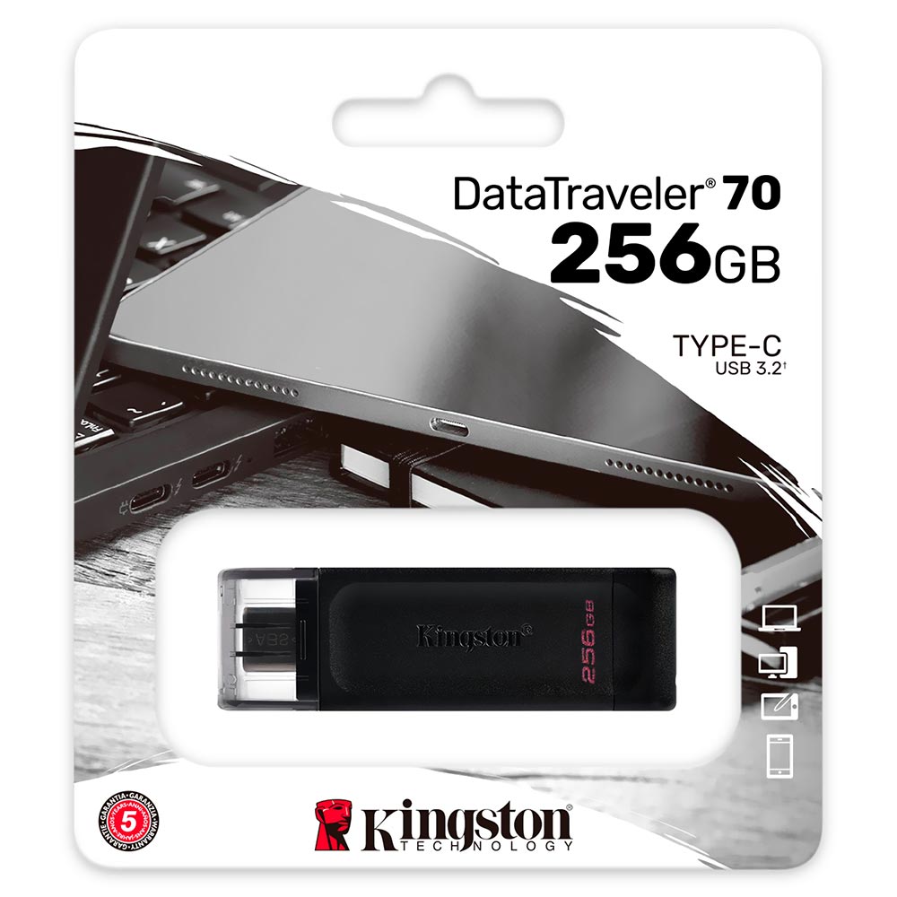 Pendrive Kingston DataTraveler 70 256GB Type-C 3.2 - Preto (DT70/256GB)