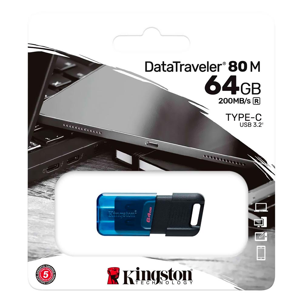 Pendrive Kingston DataTraveler 80M 64GB Type-C 3.2 - Preto / Azul (DT80M/64GB)