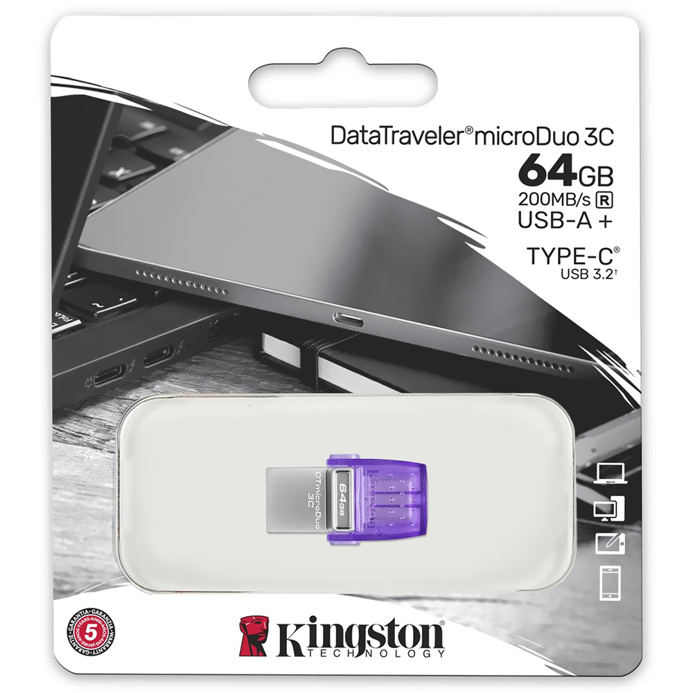 Pendrive Kingston DTmicroDuo 64GB USB 3.2 / Type-C - Prata / Roxo (DTDUO3CG3/64GB)