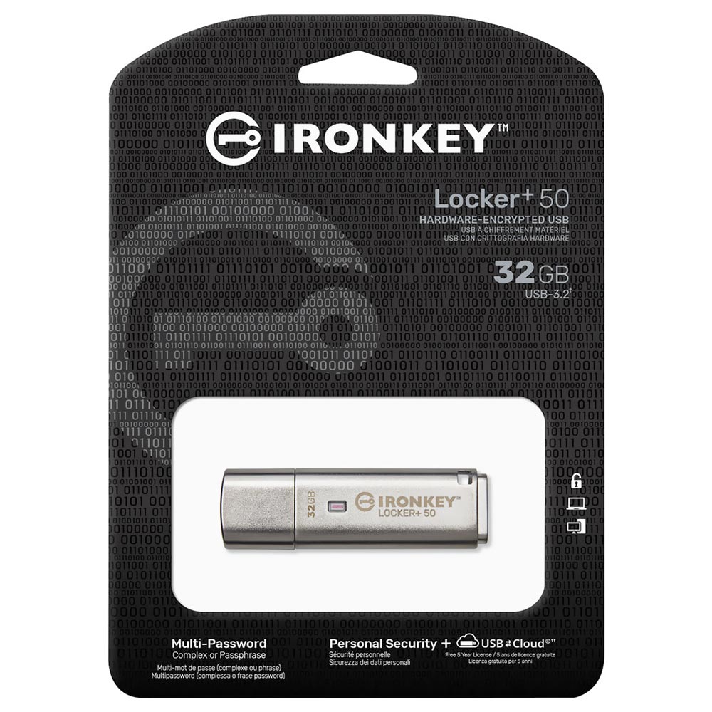 Pendrive Kingston Ironkey Locker+ 50 32GB USB 3.2 - Prata - (IKLP50/32GB)