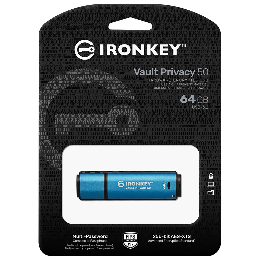Pendrive Kingston IronKey Vault Privacy 50 64GB USB 3.2 - Azul (IKVP50/64GB)