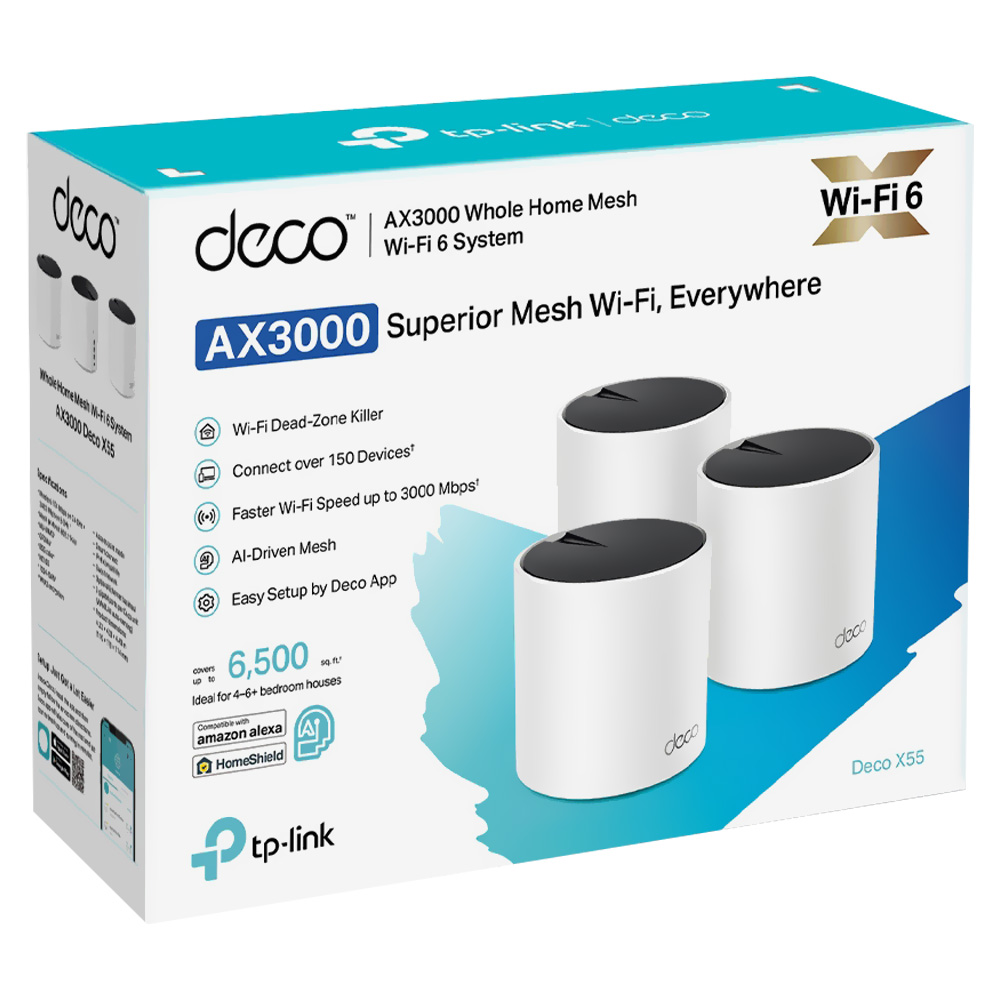 Roteador Tp-Link Deco X55 Whole Home Mesh AX3000 Dual Band / 2.4GHz / 5GHz / Wi-Fi 6 - Branco (Kit com 3)