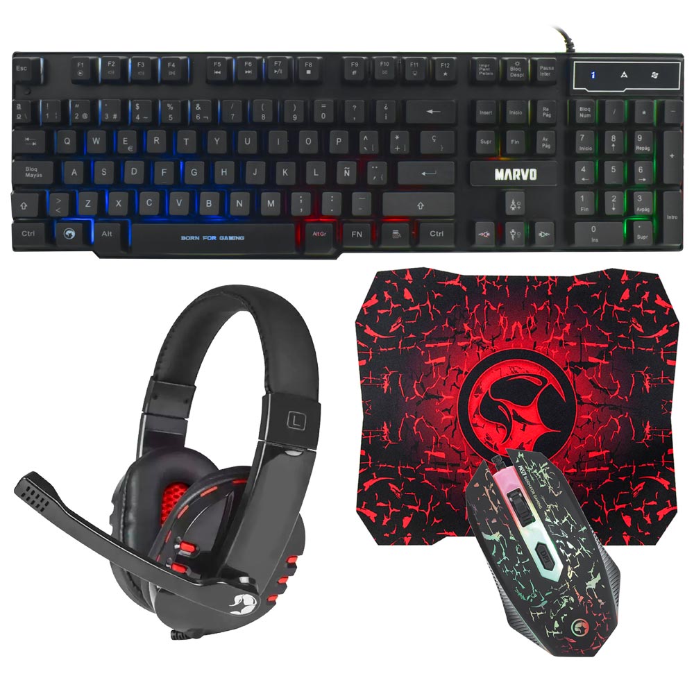 Kit Gamer Marvo CM370 Teclado + Mouse + Mousepad + Fone / RGB / Espanhol - Preto