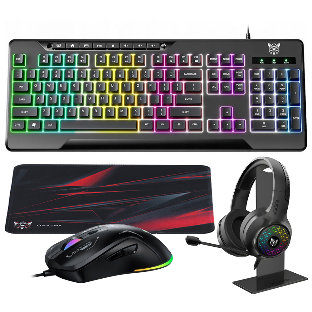 Kit Gamer Onikuma TZ5006 Teclado + Mouse + Mousepad + Headset / RGB / Inglês - Preto