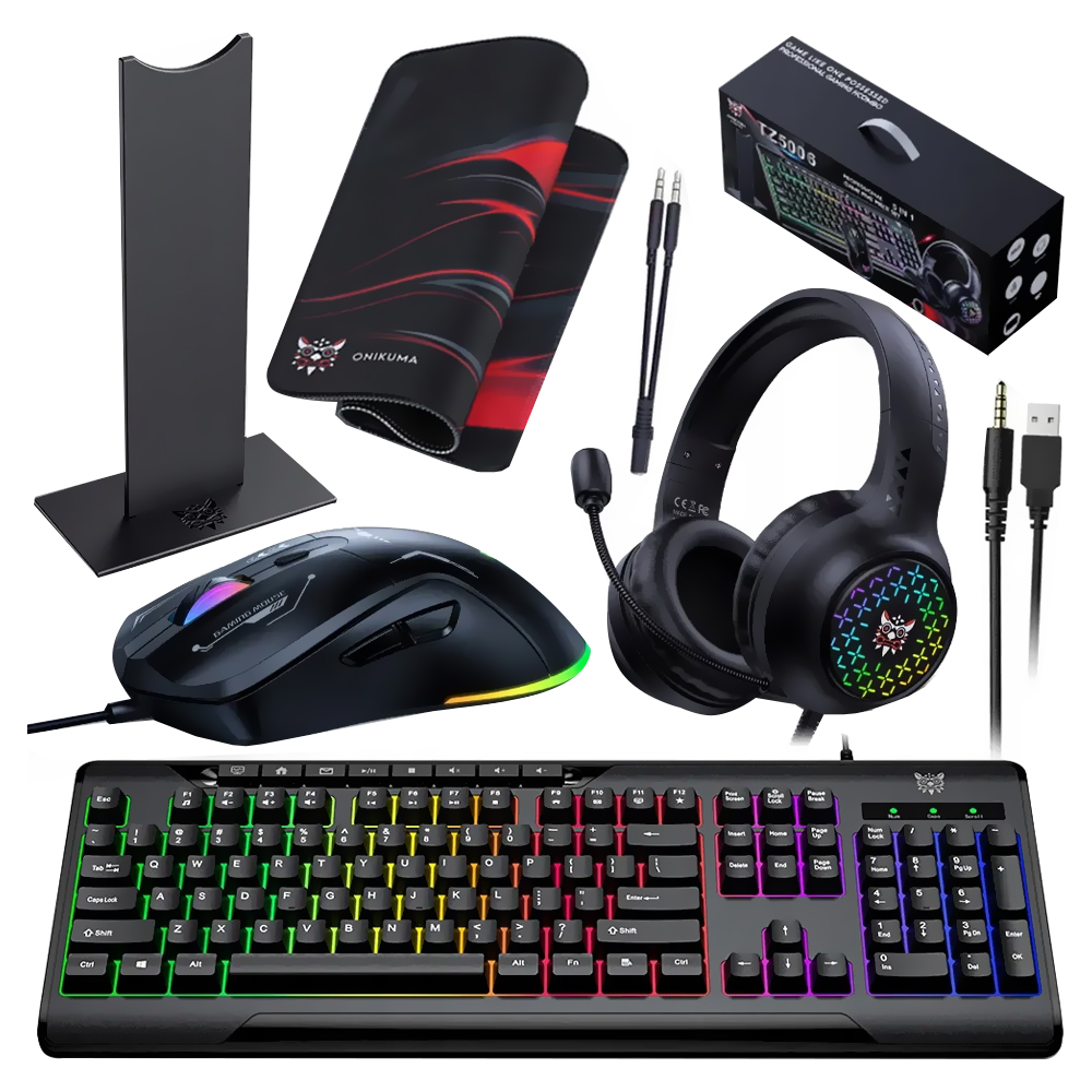 Kit Gamer Onikuma TZ5006 Teclado + Mouse + Mousepad + Headset / RGB / Inglês - Preto