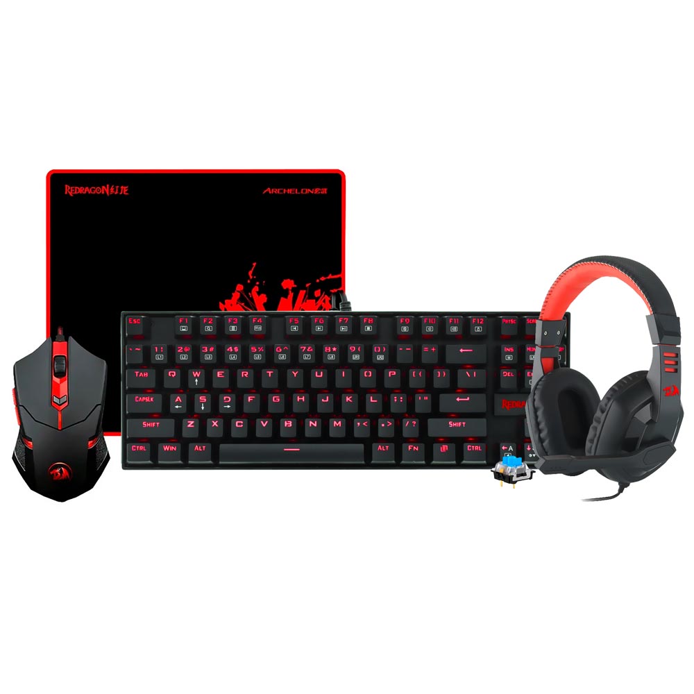 Kit Gamer Redragon Essentials K552-BB-2 Teclado + Mouse + Mousepad + Fone / Blue / Inglês - Preto / Vermelho