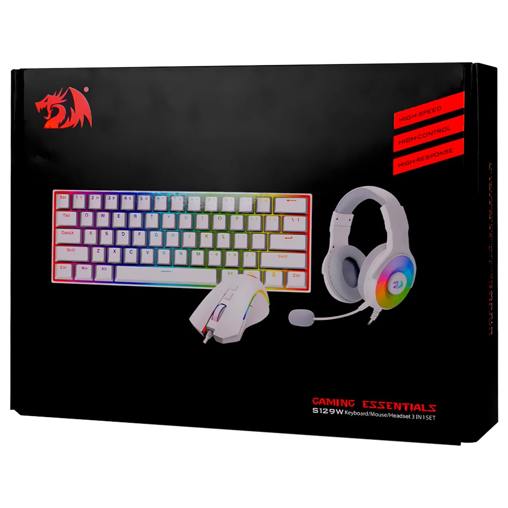 Kit Gamer Redragon Essentials S129W Teclado + Mouse + Fone / RGB / RED / Inglês - Branco