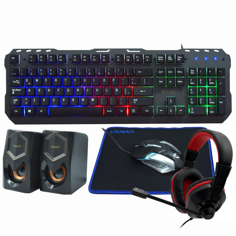 Kit Gamer Satellite GK-54 Teclado + Mouse + Mousepad + Speaker + Fone / Espanhol - Preto / Cinza