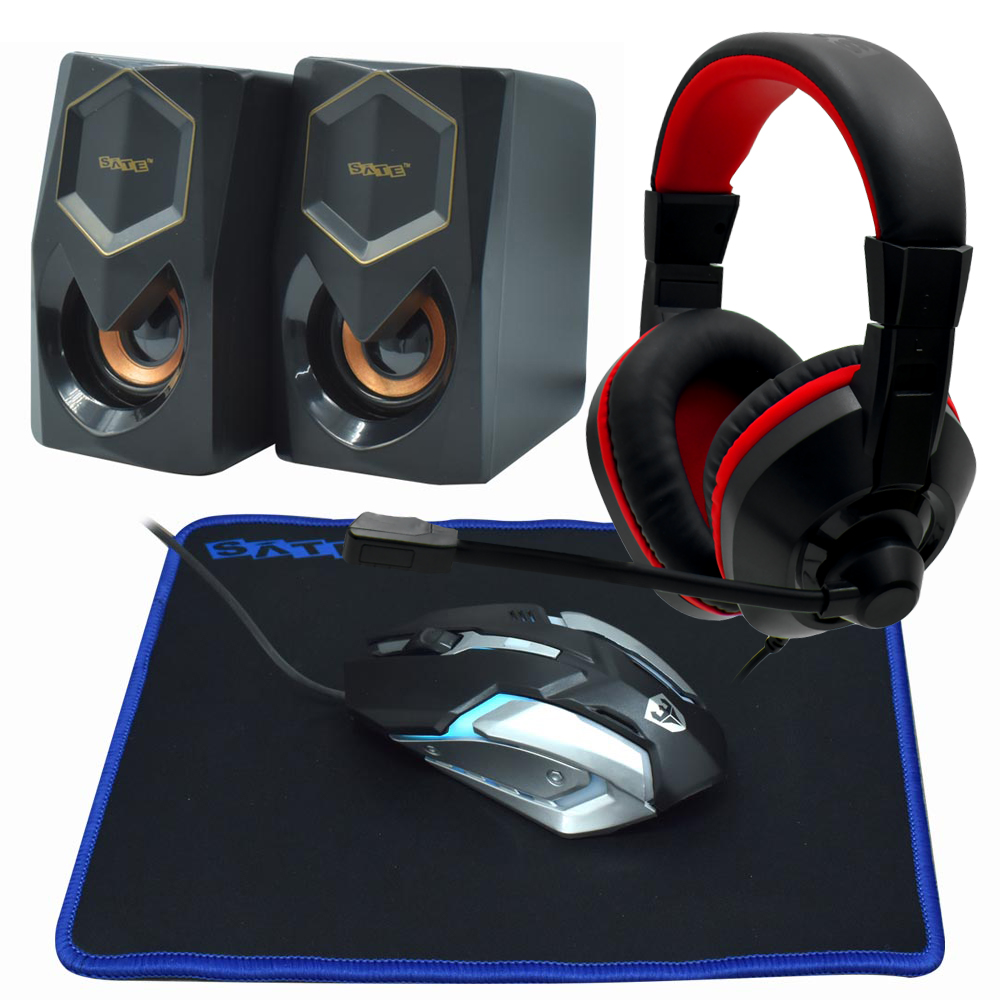 Kit Gamer Satellite GK-54 Teclado + Mouse + Mousepad + Speaker + Fone / Espanhol - Preto / Cinza