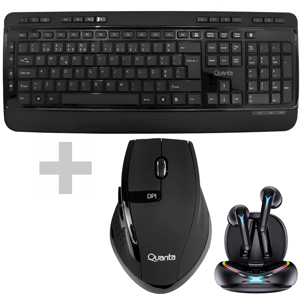 Teclado + Mouse Quanta QTKTM1600 Wireless / Português - Preto + Fone QTAGE10