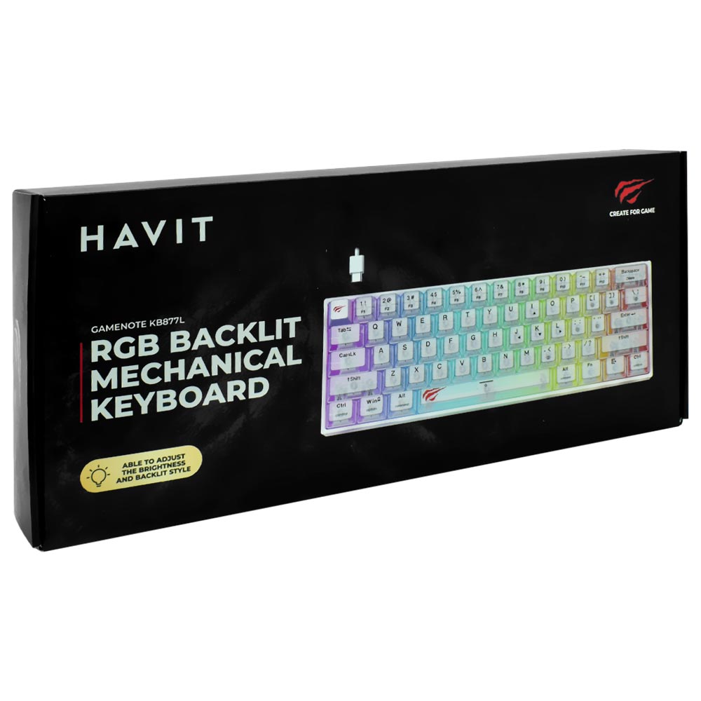 Teclado Gamer Mecânico Havit Gamenote Mini KB877L USB / RGB / Branco / Inglês - Transparente