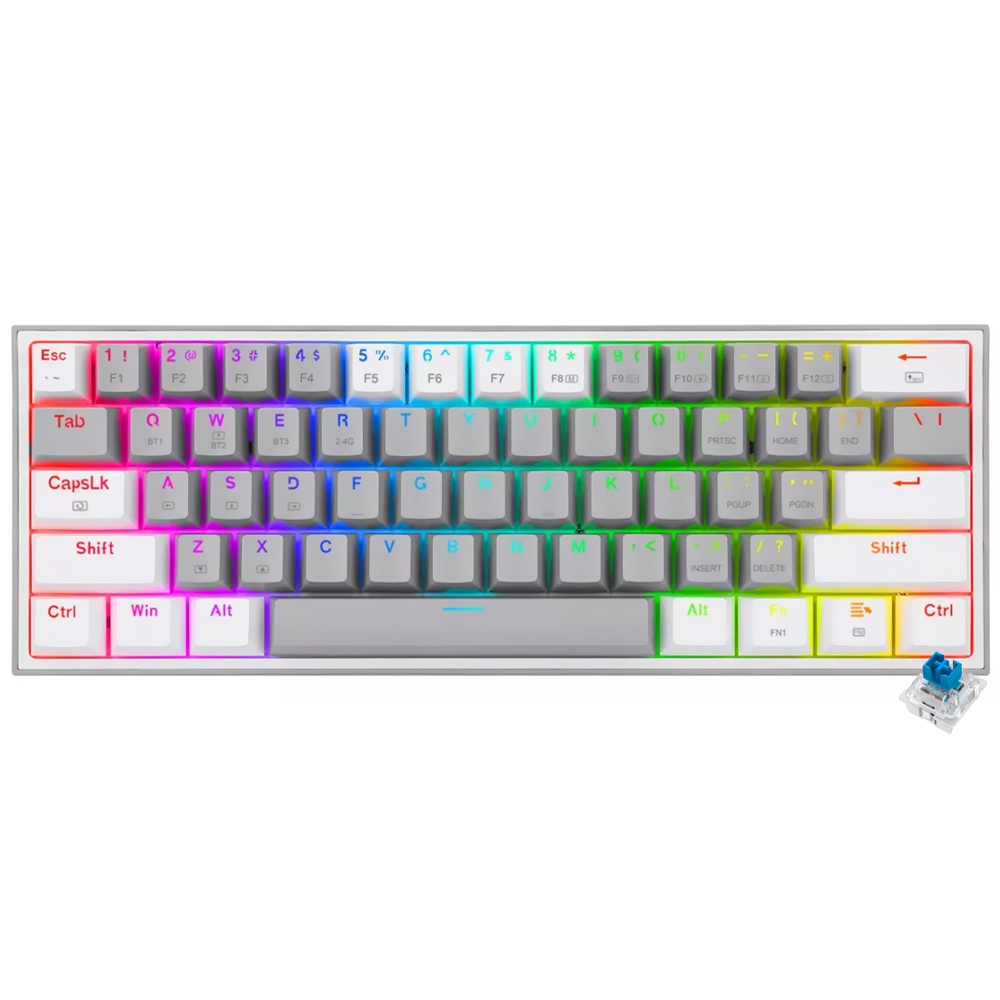 Teclado Gamer Mecânico Redragon K617-R Fizz Rainbow Mini USB / RGB / Blue / Inglês - Cinza / Branco