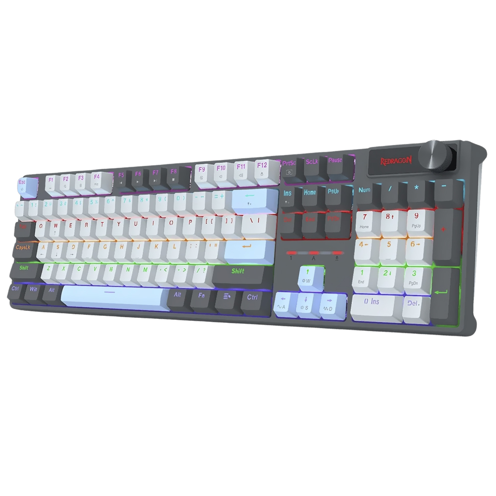 Teclado Gamer Mecânico Redragon K718GB-R Caesura USB / LED Rainbow / Inglês - Preto / Cinza