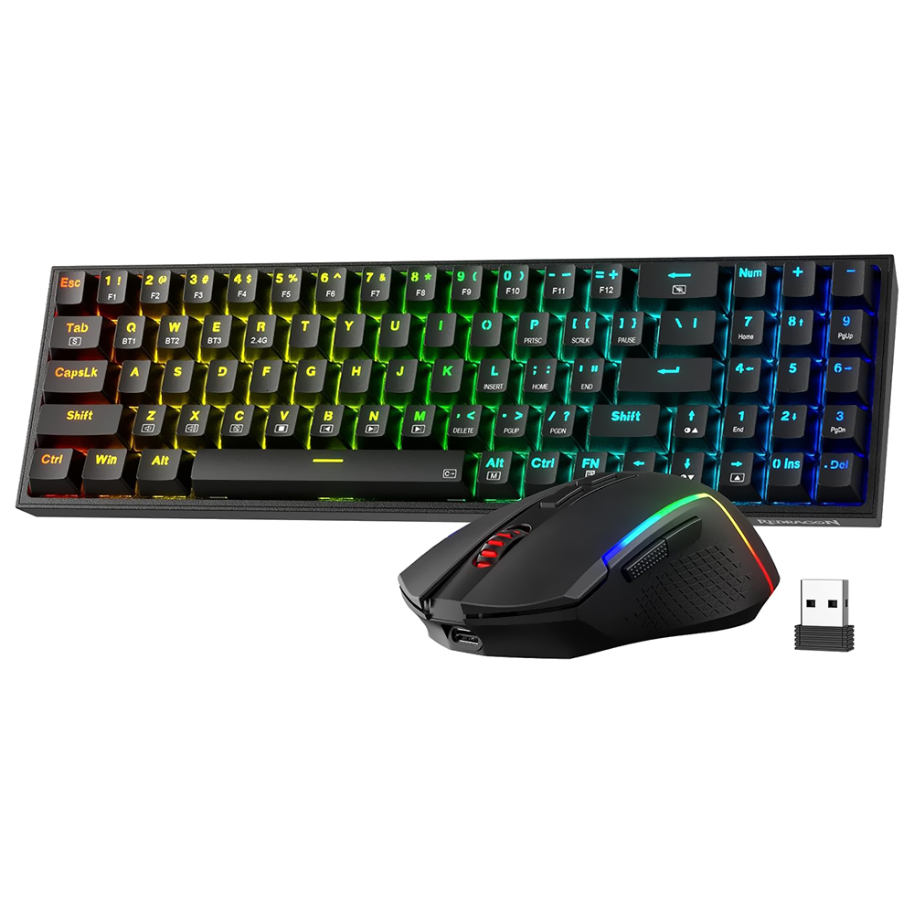 Teclado Gamer Mecânico Redragon S136 Combo Wireless / RGB / RED / Inglês - Preto