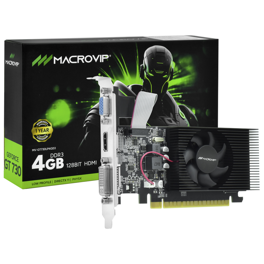 Placa de Vídeo Macrovip 4GB GeForce GT730 DDR3 - LOW PROFILE MV-GT730LP4GD3